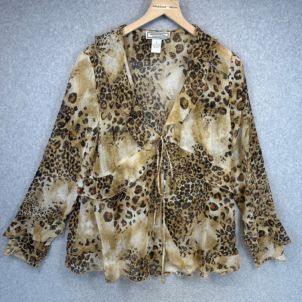 Simonton Says Blouse Top Women Small Multi Leopard Print Tie-Front Sheer Ruffle